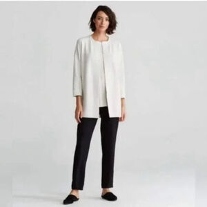 Eileen Fisher White Organic Cotton Grid Stand Up Collar Open Front Jacket